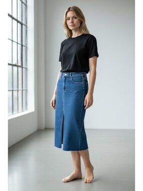 ZARA Denim Midi Skirt Womens Large Blue 90s Minimalism Y2K Open Leg Classic Y2K